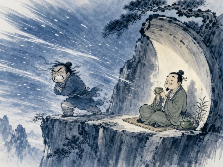 Farmer resting under straw pavilion while naturally sloping irrigation furrows feed flourishing rice terraces below in pastoral agrarian Chinese ink wash reflecting peaceful unforced productivity, illustrating relying on intentional spatial and systemic architecture rather than exhausting daily willpower on ChiDestiny