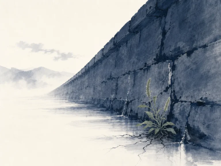 Ancient wooden bridge support examined by carpenter pointing out small termite tunnels before bridge sags in sober meticulous literati ink wash focusing on timber craftsmanship and care, illustrating recognizing that institutional collapse is never sudden but the outcome of unaddressed micro-defects on ChiDestiny