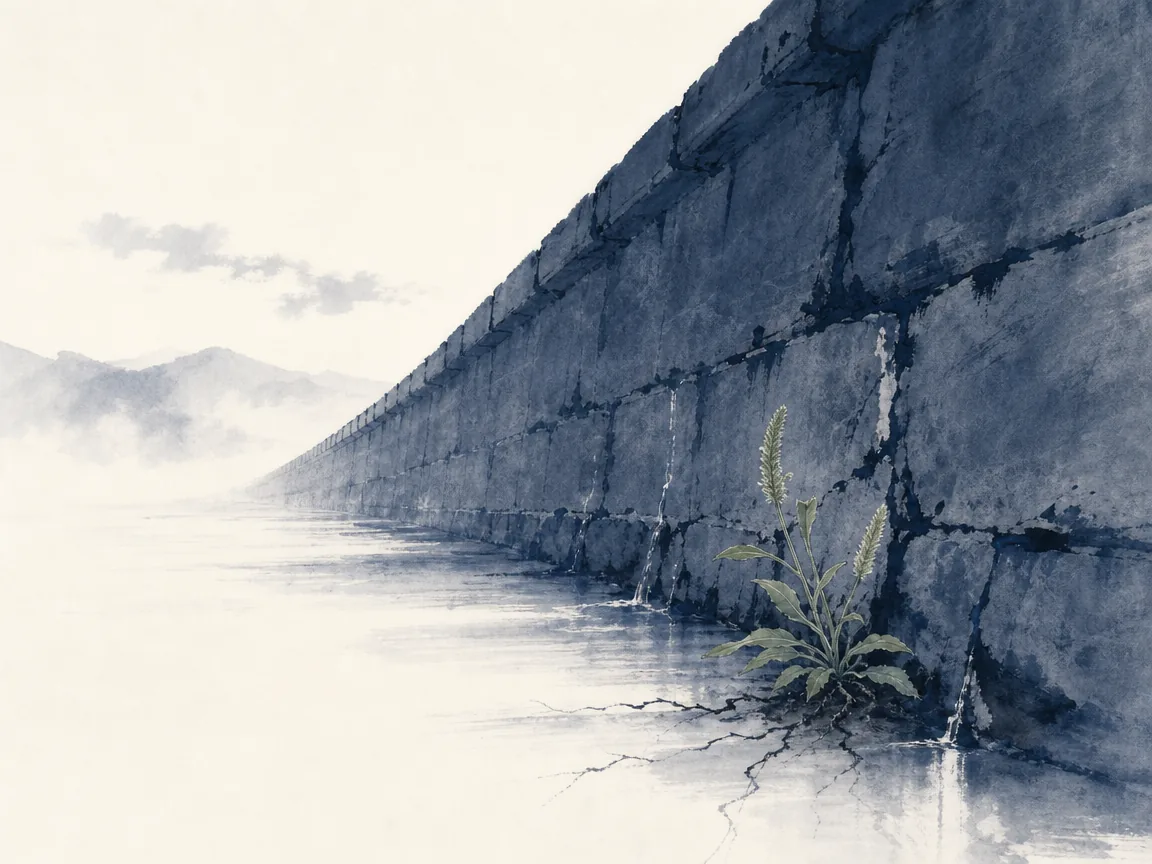 Ancient wooden bridge support examined by carpenter pointing out small termite tunnels before bridge sags in sober meticulous literati ink wash focusing on timber craftsmanship and care, illustrating recognizing that institutional collapse is never sudden but the outcome of unaddressed micro-defects on ChiDestiny