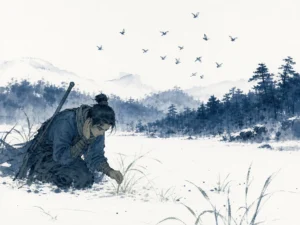 Experienced fisherman looking at ripple patterns on lake surface smelling moisture on wind before storm clouds appear in lyrical subtle Chinese water wash with delicate atmospheric gradations, illustrating sensing impending disruption through nuanced changes in environmental indicators on ChiDestiny