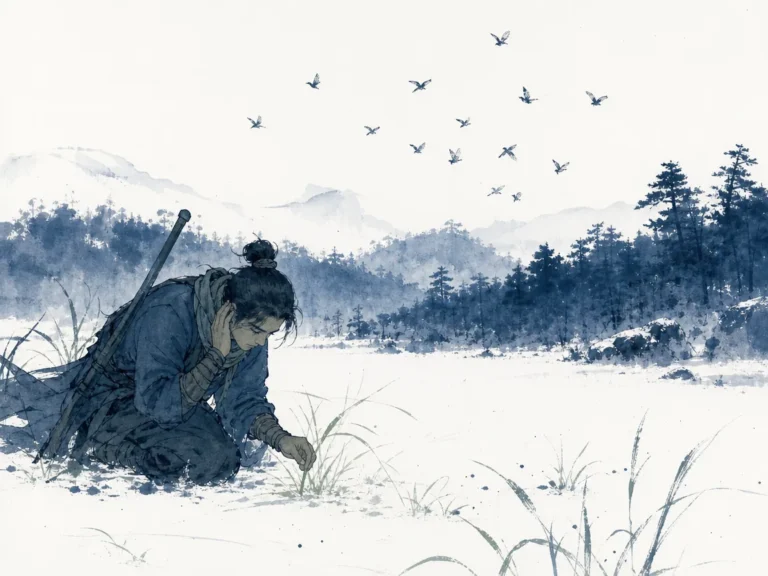Experienced fisherman looking at ripple patterns on lake surface smelling moisture on wind before storm clouds appear in lyrical subtle Chinese water wash with delicate atmospheric gradations, illustrating sensing impending disruption through nuanced changes in environmental indicators on ChiDestiny