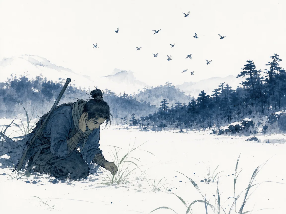 Experienced fisherman looking at ripple patterns on lake surface smelling moisture on wind before storm clouds appear in lyrical subtle Chinese water wash with delicate atmospheric gradations, illustrating sensing impending disruption through nuanced changes in environmental indicators on ChiDestiny