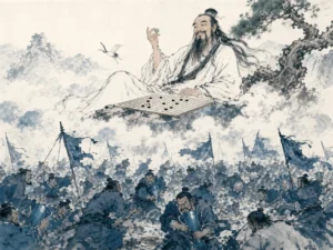 Player stepping back from conventional chess board to look across wide mountain valley, choosing open nature over the board in expansive liberating literati landscape wash contrasting small game grid with infinite horizons, illustrating realizing that true strategic freedom often means refusing the predefined contest altogether on ChiDestiny