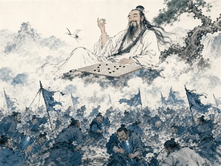 Player stepping back from conventional chess board to look across wide mountain valley, choosing open nature over the board in expansive liberating literati landscape wash contrasting small game grid with infinite horizons, illustrating realizing that true strategic freedom often means refusing the predefined contest altogether on ChiDestiny