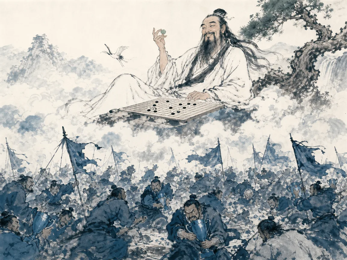 Player stepping back from conventional chess board to look across wide mountain valley, choosing open nature over the board in expansive liberating literati landscape wash contrasting small game grid with infinite horizons, illustrating realizing that true strategic freedom often means refusing the predefined contest altogether on ChiDestiny