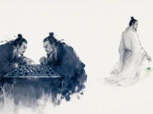 Go player sitting calmly with hand hovering above board watching opponent commit piece before making decisive placement in intimate literati study wash with focused lighting on wooden game grid, illustrating letting rivals reveal their structure before executing counter-moves that redefine terms on ChiDestiny