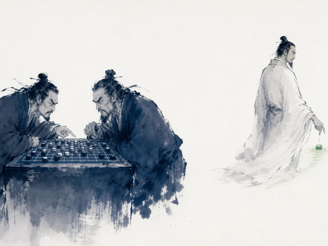 Go player sitting calmly with hand hovering above board watching opponent commit piece before making decisive placement in intimate literati study wash with focused lighting on wooden game grid, illustrating letting rivals reveal their structure before executing counter-moves that redefine terms on ChiDestiny