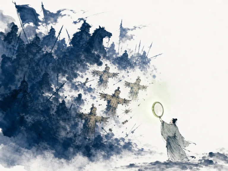 Clear magnifying crystal revealing true wood grain beneath painted gold foil on ancient lacquered screen in refined still-life Chinese ink wash with sharp focus and delicate transparent washes, illustrating cutting through deceptive narratives and cognitive noise to perceive ground reality on ChiDestiny
