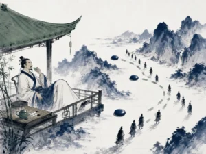 Crafted bamboo maze where clear flowing stream is gently steered through smooth opening channels without force in elegant architectural garden wash in traditional Chinese ink and subtle wash, illustrating influencing rivals by shaping their perceived incentives rather than applying direct coercion on ChiDestiny