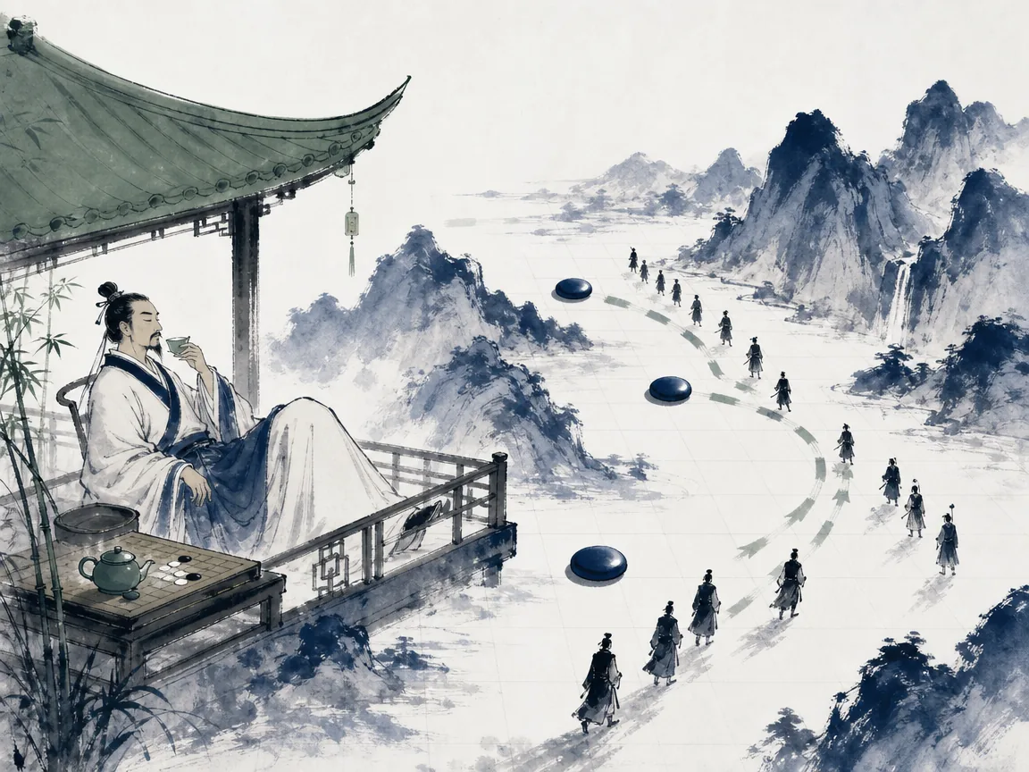 Crafted bamboo maze where clear flowing stream is gently steered through smooth opening channels without force in elegant architectural garden wash in traditional Chinese ink and subtle wash, illustrating influencing rivals by shaping their perceived incentives rather than applying direct coercion on ChiDestiny