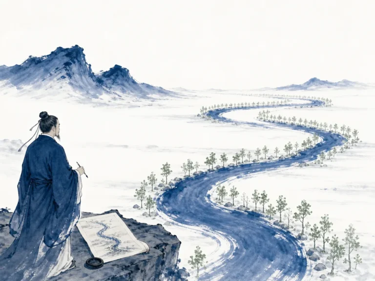 Architect holding wooden ruler framing vast city plaza panorama from high terrace before construction starts in panoramic Chinese landscape blending traditional ink brushwork with grand structural vision, illustrating establishing the foundational rules and framing of engagement before tactical details begin on ChiDestiny