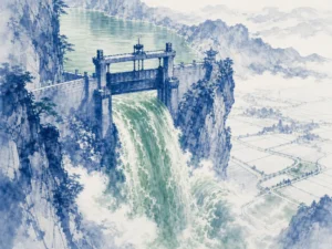 Meticulously crafted stone canal guiding surging river waters smoothly into tiered agricultural terraces in structured landscape ink painting highlighting intelligent hydraulic harmony, illustrating designing robust architecture where favorable outcomes flow naturally from pre-existing conditions on ChiDestiny