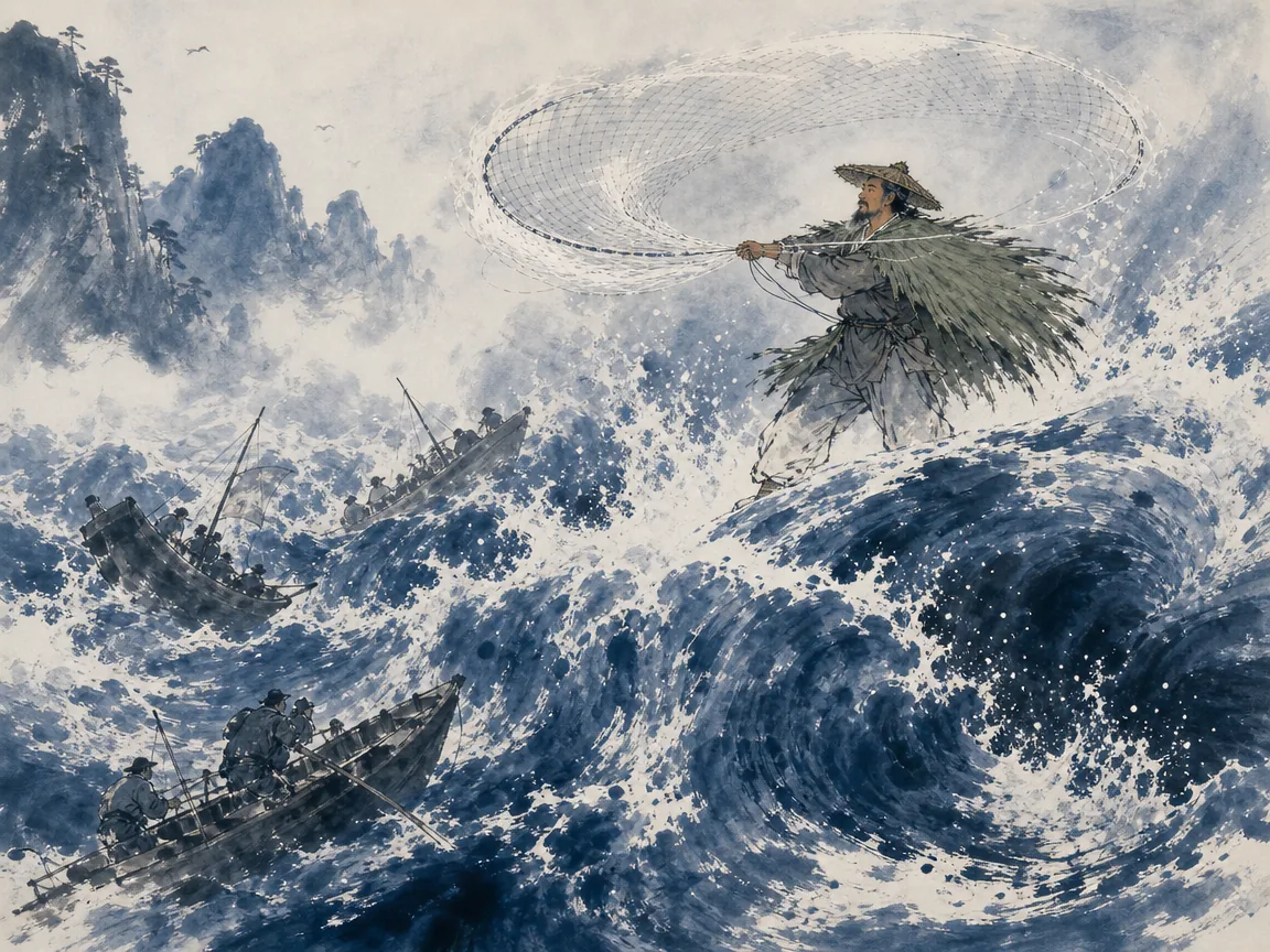 Swallow darting nimbly through gusty mountain canyon winds, adjusting wings effortlessly to every air current in agile light-footed Chinese bird and landscape painting in delicate ink, illustrating converting ambiguity and turbulence into operational agility and unexpected opportunities on ChiDestiny
