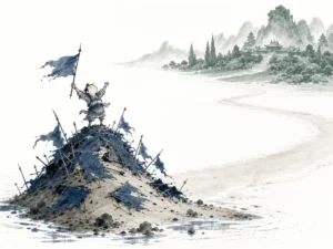 Knight holding decorative laurel trophy while standing on barren isolated rock surrounded by empty desert in thought-provoking allegorical Chinese ink wash with somber earth tones, illustrating distinguishing hollow tactical victories from meaningful systemic alignment on ChiDestiny
