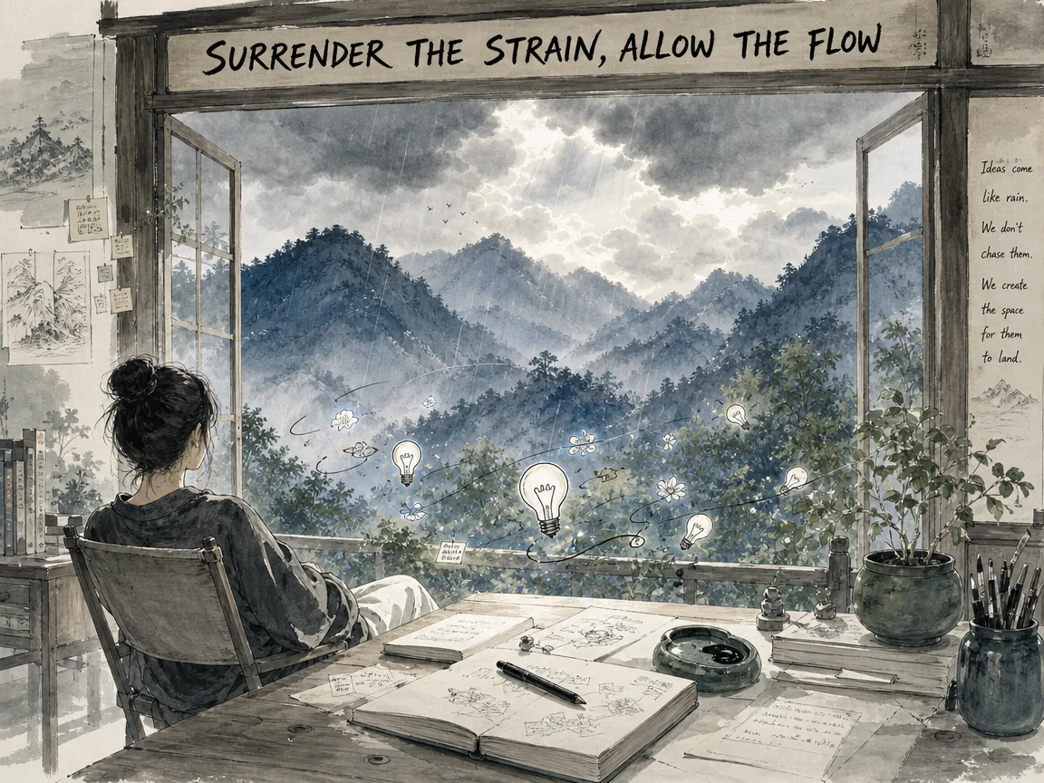 a modern creative setting down an ink pen and relaxed looking out an open wooden veranda window, watching rain clouds part over lush blue ridges as spontaneous brilliant ideas bloom effortlessly around the desk, deep Prussian blue mountain washes in contemporary literati Chinese ink wash in deep Prussian blue and sage green with ample Xuan paper negative space, illustrating surrender the strain, allow the flow, embodying 现代创作者在窗前放下焦虑的稿纸，端茶望向雨后初晴的青山与抽芽新枝，灵感如清泉不召自来，道出顺应自然创作法门 on ChiDestiny