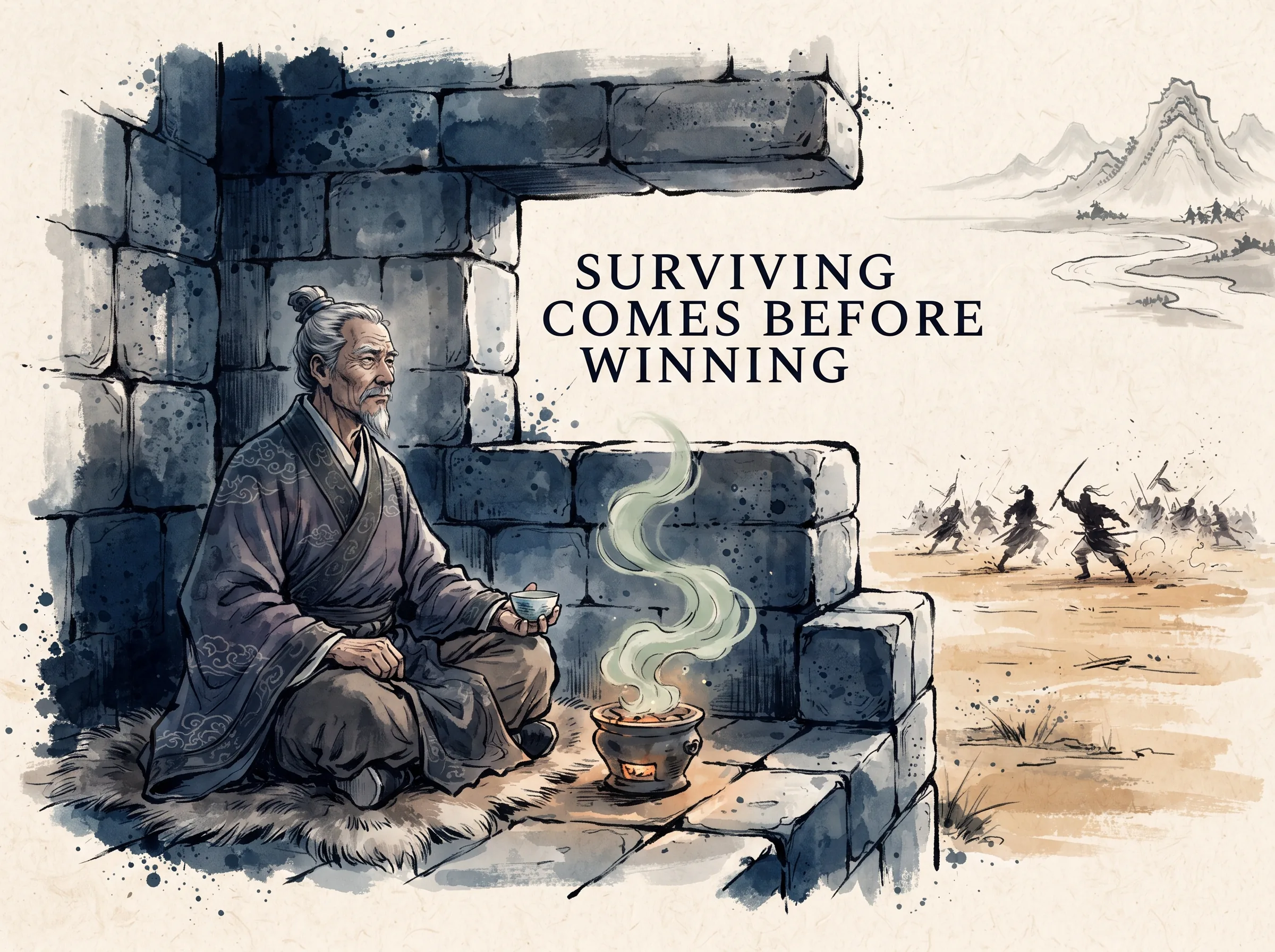 an ancient veteran commander sitting comfortably in a well-provisioned stone redoubt watching impatient rivals exhaust themselves on open plains, steadily tending a warm tea brazier, deep Prussian blue stone fortification and shadows in contemporary literati Chinese ink cartoon style with Prussian blue ink wash, sage green accents, and Xuan paper negative space, illustrating surviving comes before winning, embodying 活下去是唯一的硬道理：孙子'不可胜在己，可胜在敌'，守住不败底线永远先于追求暴利胜利，活着留在牌桌上才是终极胜利的前提 on ChiDestiny