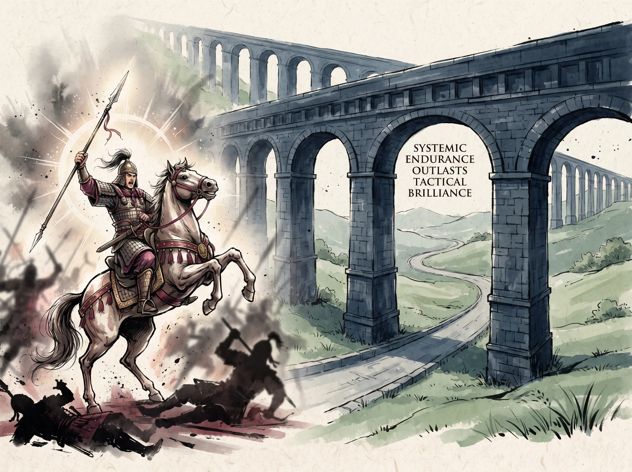 historical contrast: a dazzling lone cavalry champion celebrating a flash victory on one side, while behind him a massive, interlocking Roman stone aqueduct and road network quietly stands unshakeable through centuries in contemporary literati Chinese ink cartoon style with Prussian blue ink wash, sage green accents, and Xuan paper negative space, illustrating systemic endurance outlasts tactical brilliance, embodying 汉尼拔的战术天才与罗马的系统耐力：战术上的单次神迹终究敌不过能够源源不断自我修复、具有深厚韧性的制度网络 on ChiDestiny