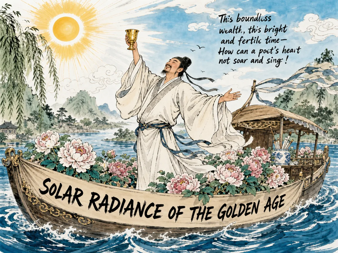 Joyous Tang dynasty poet in billowing silk robes raising a golden goblet to the sun aboard a pleasure boat laden with blooming peonies, radiating limitless creative confidence fed by warm fertile bounty in vibrant Prussian blue water ripples, lush sage green peony leaves and riverbanks, with bright open sky, illustrating solar radiance of the golden age, illustrating how warm climate and agricultural abundance fueled poetic exuberance on ChiDestiny