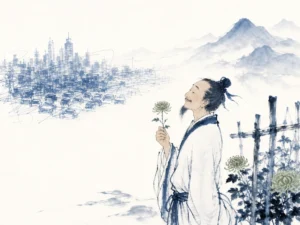 Serene scholar in unbleached robes holding a wild autumn chrysanthemum while gazing toward distant misty southern peaks in poetic literati wash contrasting faint bustling city scribbles with quiet foreground negative space, illustrating cultivating a quiet inner sanctuary amid external clamor as taught by Tao Yuanming on ChiDestiny