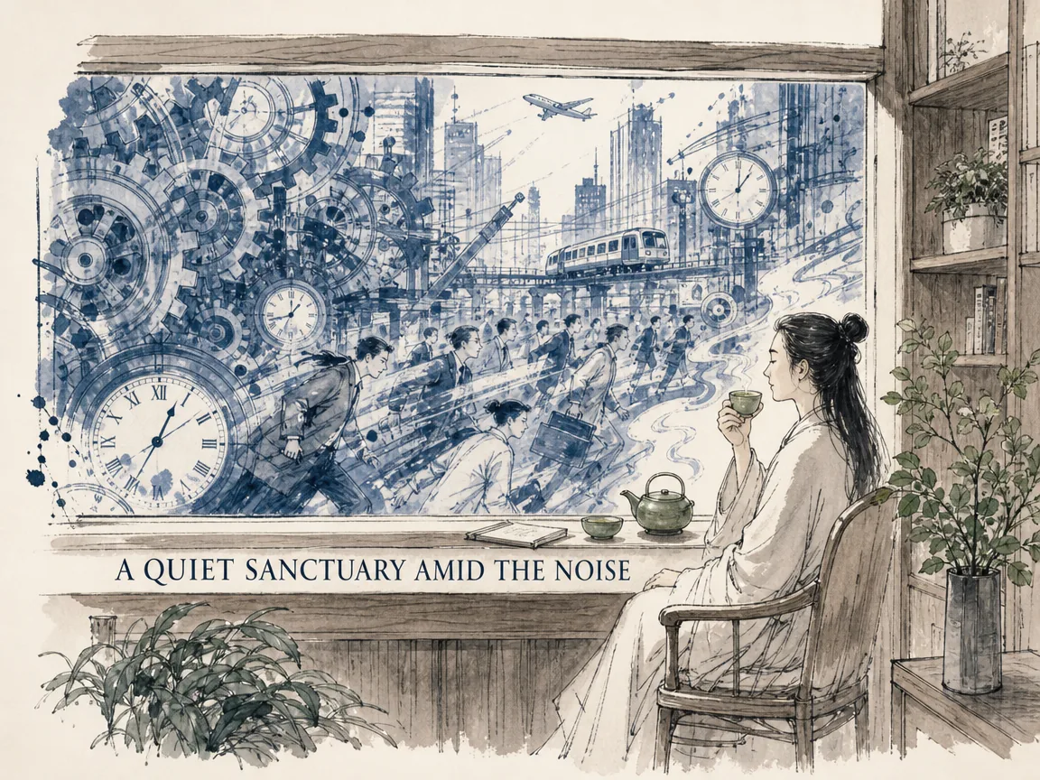 A simple wooden tearoom window framing a blurred rainy cityscape outside, while inside a warm ceramic teapot steams on a lacquer tray in perfect stillness, creating a sacred sanctuary amid urban noise in Prussian blue rain-streaked window glass, warm amber teapot glow, and spacious negative space, illustrating a quiet sanctuary amid the noise, embodying the tea space as a deliberate retreat from velocity and restoring inner stillness on ChiDestiny