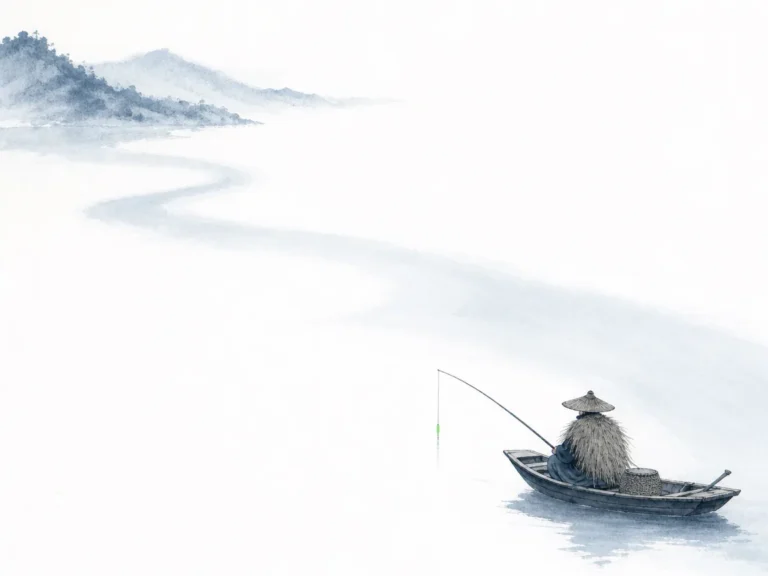 Thatched pavilion dusted in light winter snow overlooking a quiet glass-like lake with gentle smoke in serene cold-realm (Hanjing) ink landscape with pale silvery washes and tranquil negative space, illustrating Daoist temperate stillness (Hanjing), discovering warm spiritual refuge by shedding sensory distraction on ChiDestiny