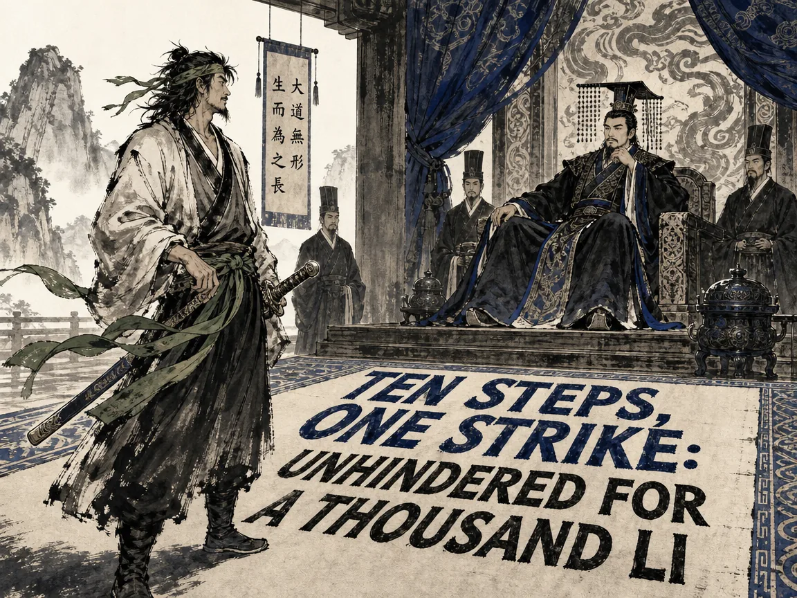 Zhuangzi dressed in a roguish swordsman's garb with dishevelled hair and a hemp headband, resting a hand nonchalantly on his scabbard before an enthroned King Wen of Zhao, radiating supreme aura without drawing an inch of steel in contemporary literati Chinese ink cartoon style with Prussian blue ink wash, sage green accents, and Xuan paper negative space, illustrating ten steps, one strike: unhindered for a thousand li, embodying 庄子着短衣草履剑侠装束面见赵文王，按剑不拜，傲岸宣称己剑'十步一人千里不留行'，先声夺人折服好剑之君 on ChiDestiny