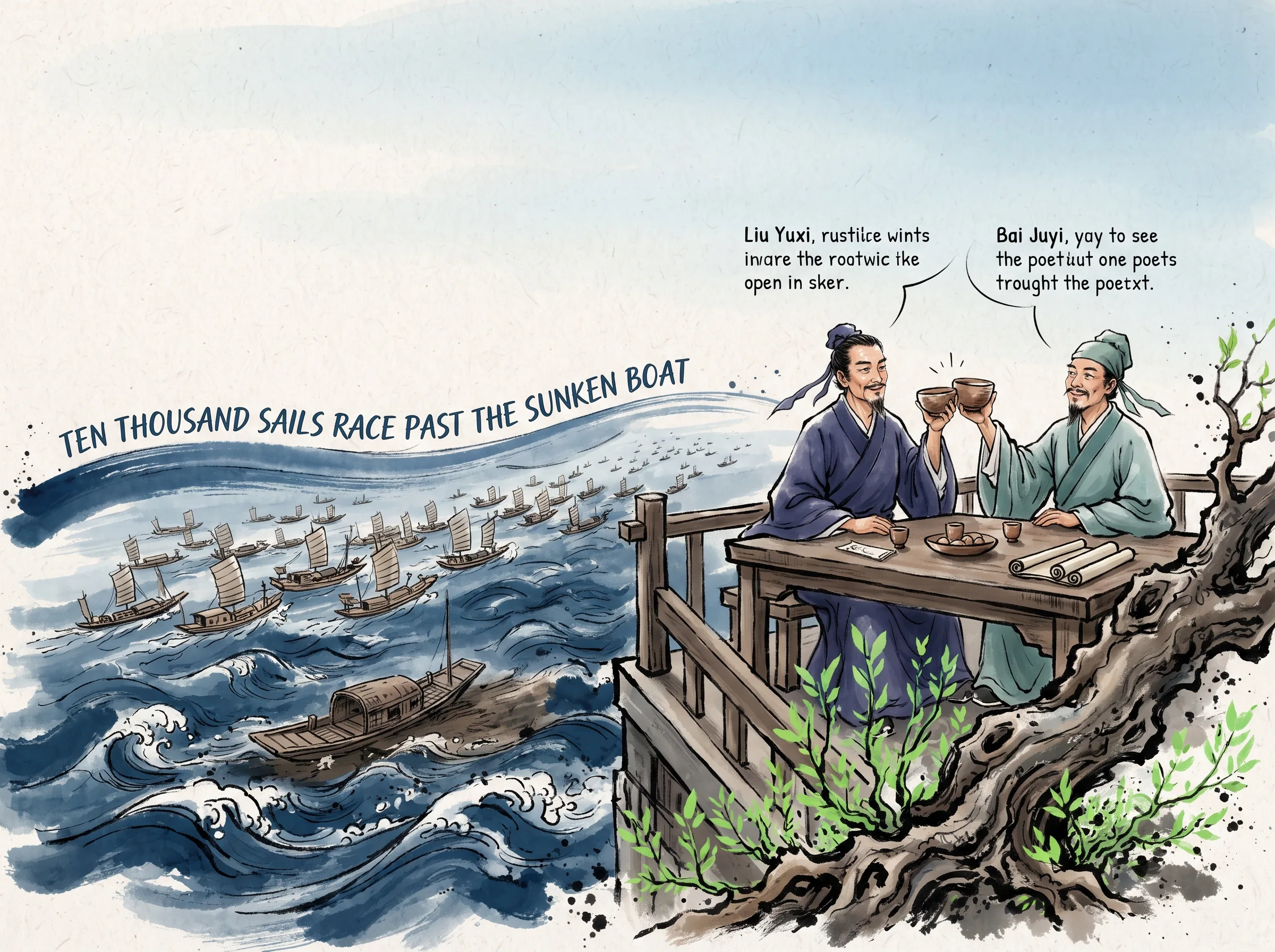 famous banquet dialogue between Liu Yuxi and Bai Juyi, raising wine bowls overlooking the grand Yangtze where hundreds of swift boats sail past an old grounded skiff, and blooming green shoots sprout around an old weathered trunk in contemporary literati Chinese ink wash in deep Prussian blue and sage green with ample Xuan paper negative space, illustrating ten thousand sails race past the sunken boat, embodying '沉舟侧畔千帆过，病树前头万木春'：扬州席上刘禹锡举杯酬白居易，江面沉舟旁万帆竞发，枯树前新绿繁茂，以造化自然的大气度超越个人荣辱 on ChiDestiny