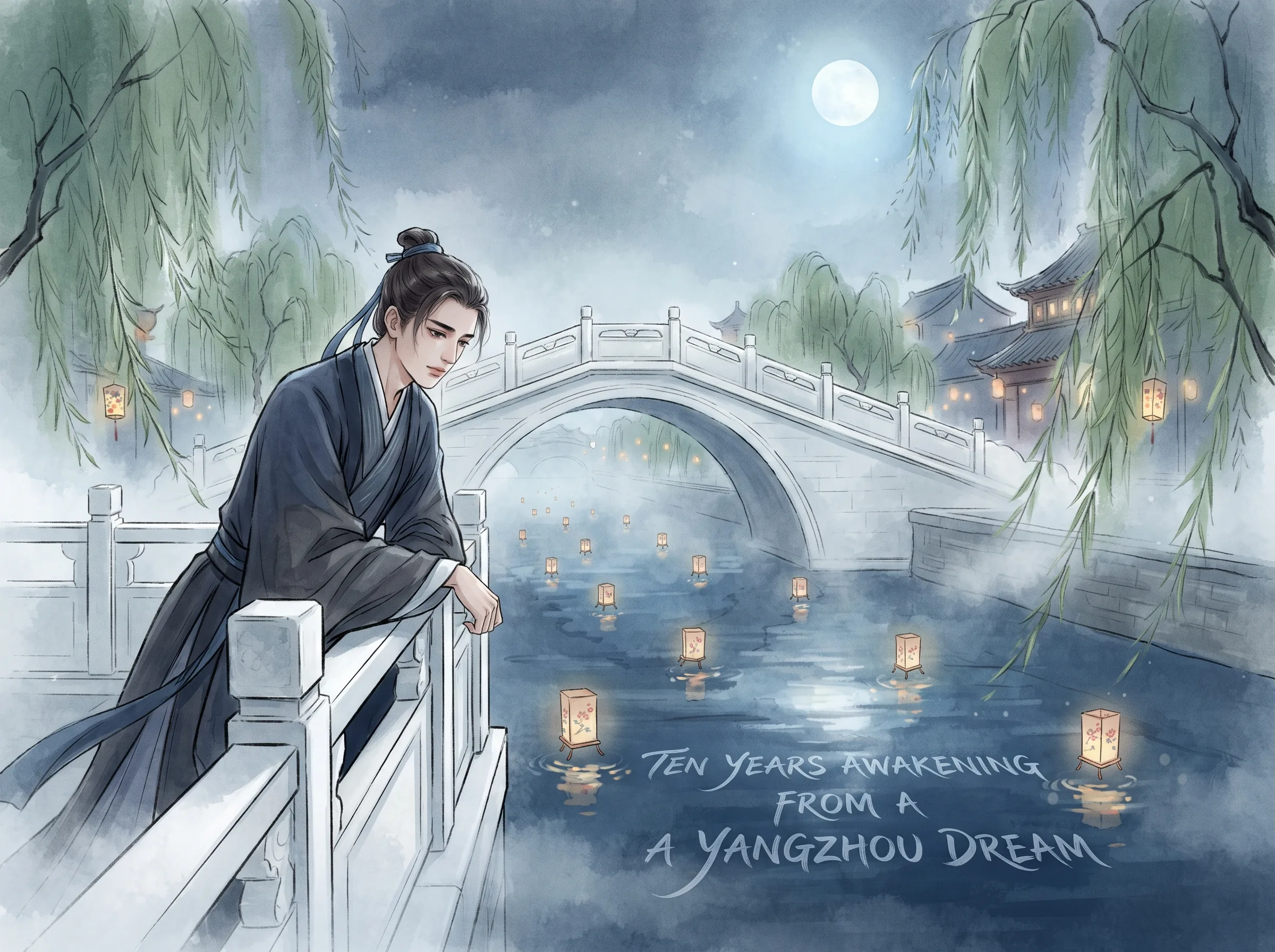romantic and melancholy scene at the Twenty-Four Bridges in Yangzhou under moonlight, a handsome poet leaning on a white jade bridge railing watching decorated lanterns drift on misty canal waters, waking from a decade of colorful revelry into sudden self-awareness in contemporary literati Chinese ink wash in deep Prussian blue and sage green with ample Xuan paper negative space, illustrating ten years awakening from a yangzhou dream, embodying '十年一觉扬州梦，赢得青楼薄幸名'：繁华酒肆二十四桥月夜下，风流才子在画船箫声中回眸，惊觉十年浮华不过惊梦一场 on ChiDestiny