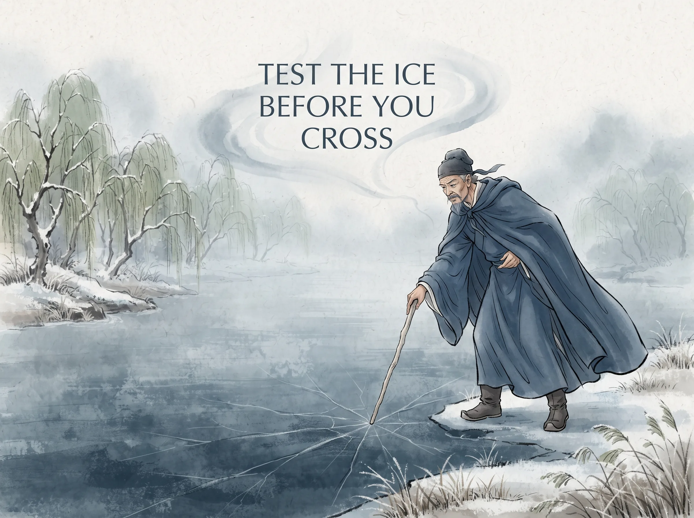 an alert traveler with a light wooden staff gently tapping a frozen winter river surface to test ice thickness before stepping forward, surrounded by winter mist, deep Prussian blue frozen currents and winter cape in contemporary literati Chinese ink cartoon style with Prussian blue ink wash, sage green accents, and Xuan paper negative space, illustrating test the ice before you cross, embodying 穿透迷雾的系统性决策：行者手持竹杖点探冰面薄厚，步步为营以小步试错代替盲目全仓下注，在不确定性中建立安全边际 on ChiDestiny