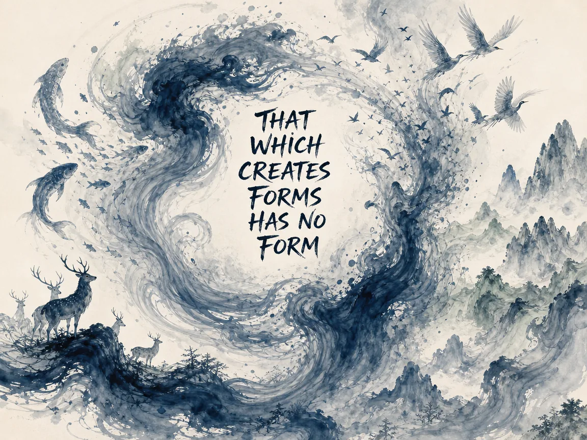 visionary depiction of metaphysical creation, a swirling calligraphic vortex of translucent ink giving rise to birds, deer in contemporary literati Chinese ink cartoon style with Prussian blue ink wash, sage green accents, and Xuan paper negative space, illustrating that which creates forms has no form, embodying 物物者非物，溯源大初玄冥，造化者独立于万物之上，却又潜藏于每一次草木发芽与飞鸟振翅之中 on ChiDestiny
