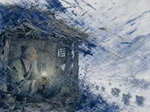 Stoic elder sheltering a glowing oil lamp inside a drafty thatched cottage during an autumn rainstorm in somber moving literati wash capturing flying thatch brushwork and warm lantern glow, illustrating Du Fu's capacity to transmute personal destitution into universal human empathy and moral benevolence on ChiDestiny
