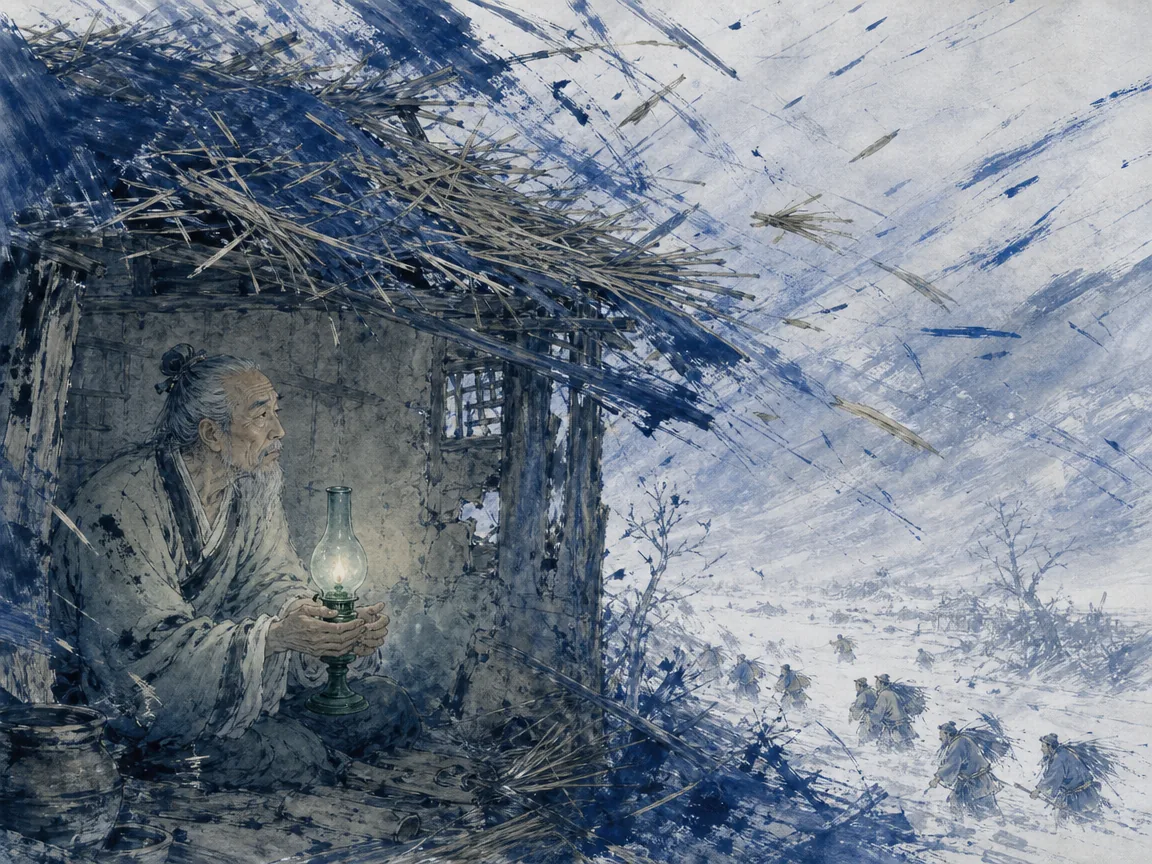 Stoic elder sheltering a glowing oil lamp inside a drafty thatched cottage during an autumn rainstorm in somber moving literati wash capturing flying thatch brushwork and warm lantern glow, illustrating Du Fu's capacity to transmute personal destitution into universal human empathy and moral benevolence on ChiDestiny