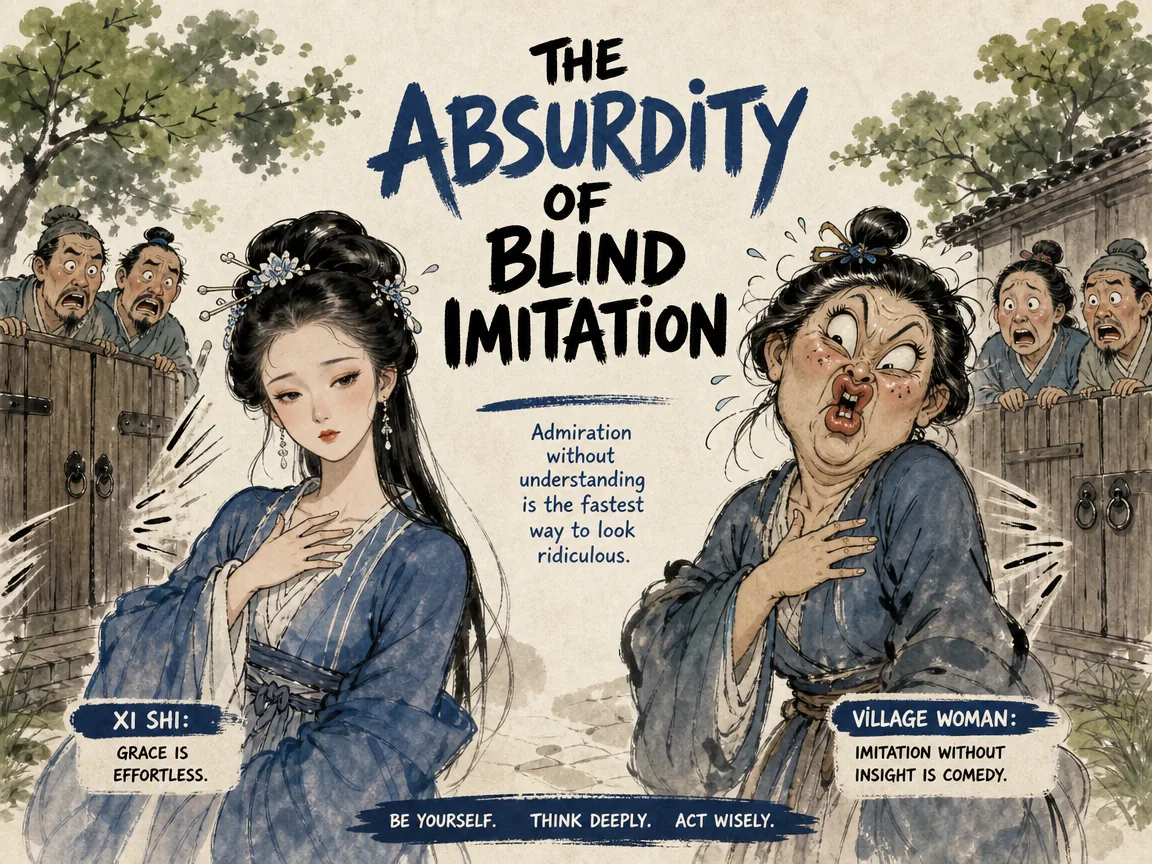 famous comic parody, graceful Xi Shi holding her chest with an exquisitely delicate frown beside an awkward ugly village woman grotesquely exaggerating the same grimace and startling bystanders into slamming their gates, Prussian blue flowing robes and village fences in contemporary literati Chinese ink cartoon style with Prussian blue ink wash, sage green accents, and Xuan paper negative space, illustrating the absurdity of blind imitation, embodying 东施效颦名场面：绝美西施捧心颦眉宛若天仙，邻里丑妇东施自以为美僵硬模仿，吓得街坊闭门邻人避走 on ChiDestiny