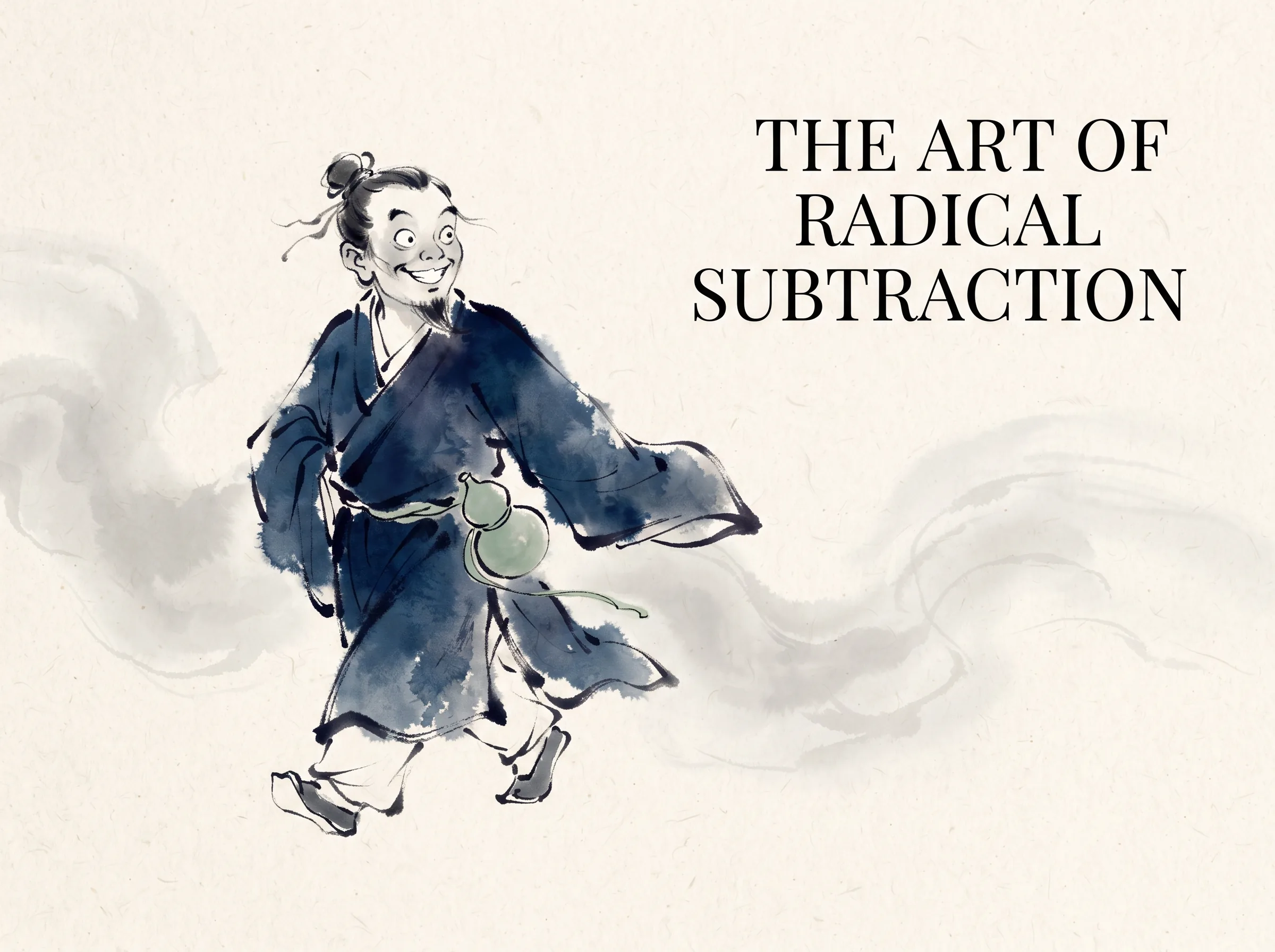 a playful tribute to Liang Kai's Splashed Ink Immortal, a roguish smiling sage rendered with only five or six bold, wet ink washes stepping effortlessly through blank mist in contemporary literati Chinese ink wash in deep Prussian blue and sage green with ample Xuan paper negative space, illustrating the art of radical subtraction, embodying 南宋梁楷减笔画泼墨仙人：寥寥数笔写意挥洒，剔除一切琐碎描摹，仅凭极简轮廓便抓住仙人的洒脱仙风与傲骨神韵 on ChiDestiny