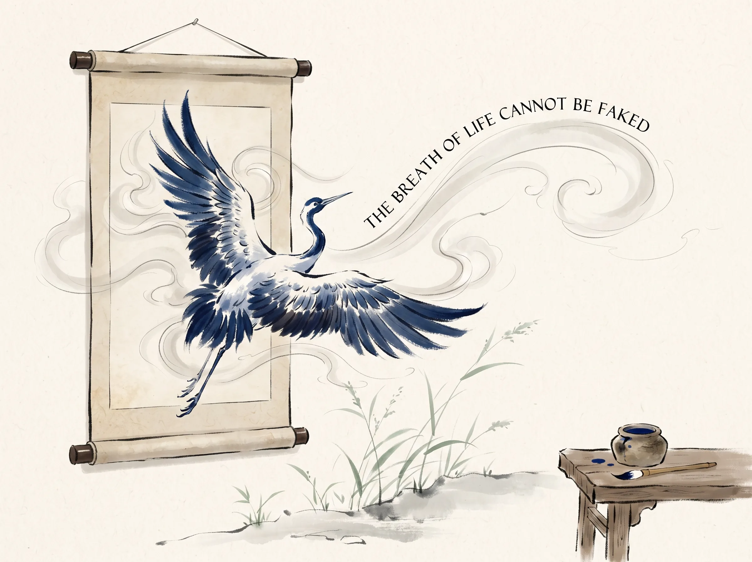 a magnificent wild crane rendered with spare wet brushstrokes appearing to glide alive off an artist's hanging scroll, invisible energy swirls undulating around its wings like celestial breeze, deep Prussian blue calligraphic feathers and ink pots in contemporary literati Chinese ink wash in deep Prussian blue and sage green with ample Xuan paper negative space, illustrating the breath of life cannot be faked, embodying 谢赫六法之首'气韵生动'：画家笔下的一只白鹤尚未完全落地，双翼微振间仿佛自带山谷清风与雷霆原力，形式可以临摹而气韵不可造假 on ChiDestiny
