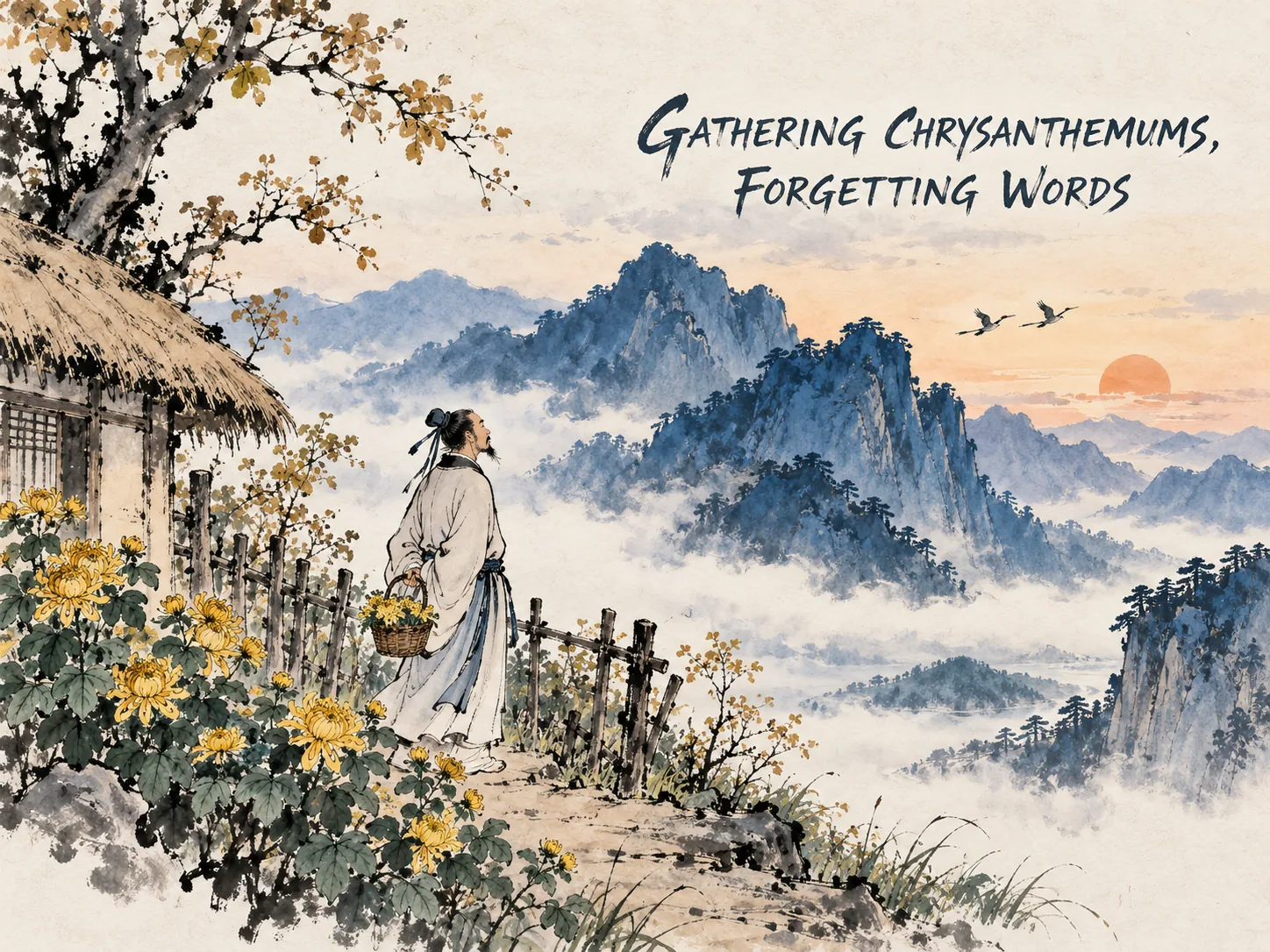 the poet-painter Wang Wei sitting cross-legged in a quiet dense bamboo grove beneath a radiant silver crescent moon, softly plucking his Guqin strings with no audience save the bamboo shoots, embodying pure unhurried mindfulness in contemporary literati Chinese ink wash in deep Prussian blue and sage green with ample Xuan paper negative space, illustrating the bright moon shines unseen, embodying 王维独坐幽篁里，弹琴复长啸；深林人不知，明月来相照，纯净觉知无需向外证明，内心安住即是圆满 on ChiDestiny