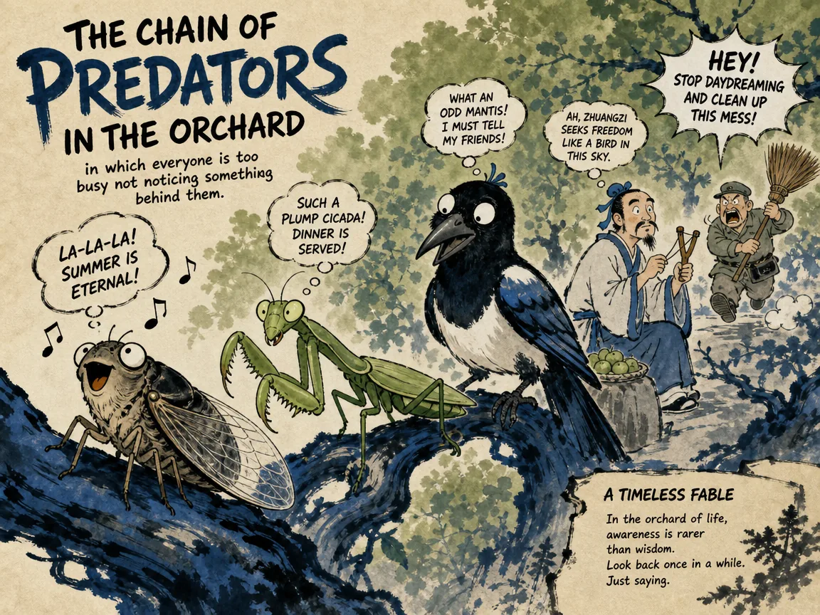 comical multi-tiered chain of distraction: a singing cicada oblivious to a stalking praying mantis, which is oblivious to a strange giant magpie, which is oblivious to Zhuangzi holding a slingshot in contemporary literati Chinese ink cartoon style with Prussian blue ink wash, sage green accents, and Xuan paper negative space, illustrating the chain of predators in the orchard, embodying 雕陵之樊连环螳螂捕蝉黄雀在后：蝉不知螳螂在后，螳螂不知异鹊在旁，异鹊不知庄子引弹待发，庄子不知园吏持杖赶来 on ChiDestiny