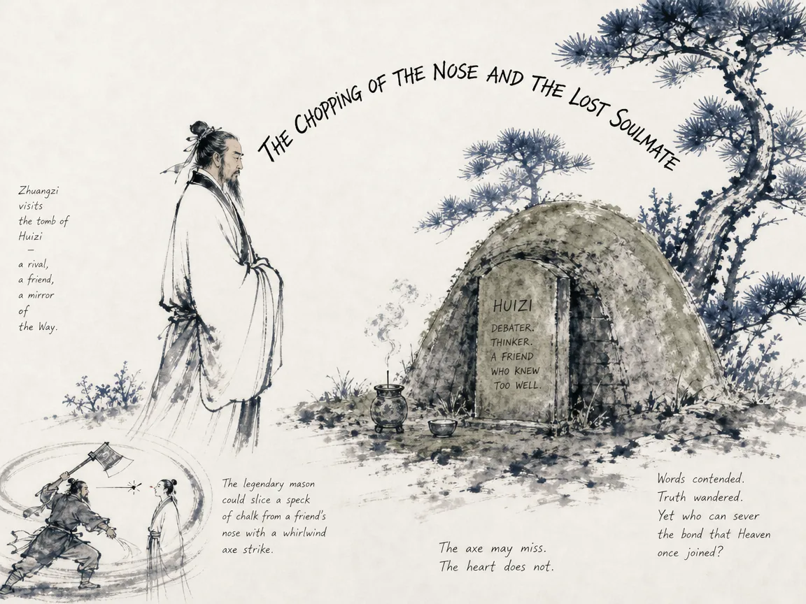 poignant philosophical friendship, Zhuangzi standing solemnly by the rustic earthen tomb of his lifelong rival debater Huizi, remembering the legendary mason who could slice off a speck of chalk from a friend's nose with a whirlwind axe strike in contemporary literati Chinese ink cartoon style with Prussian blue ink wash, sage green accents, and Xuan paper negative space, illustrating the chopping of the nose and the lost soulmate, embodying 庄子送葬过惠施墓前，抚墓叹郢人运斤成风：郢人鼻端微污如蝇翼，匠石挥斧削之声如疾风而鼻不伤；自惠施死，庄子再无知音棋手可论道 on ChiDestiny