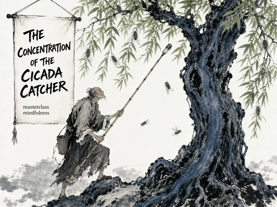 an old hunchbacked craftsman standing steady as an ancient oak holding a long bamboo pole tipped with glue, deftly catching singing cicadas from high leaves with hypnotic total focus, Prussian blue tree trunk textures in contemporary literati Chinese ink cartoon style with Prussian blue ink wash, sage green accents, and Xuan paper negative space, illustrating the concentration of the cicada catcher, embodying 伛偻丈人承蜩：手持长竹竿粘蝉如拾地芥，凝神注视蝉翼如见泰山，专心致志以臻通神入化 on ChiDestiny