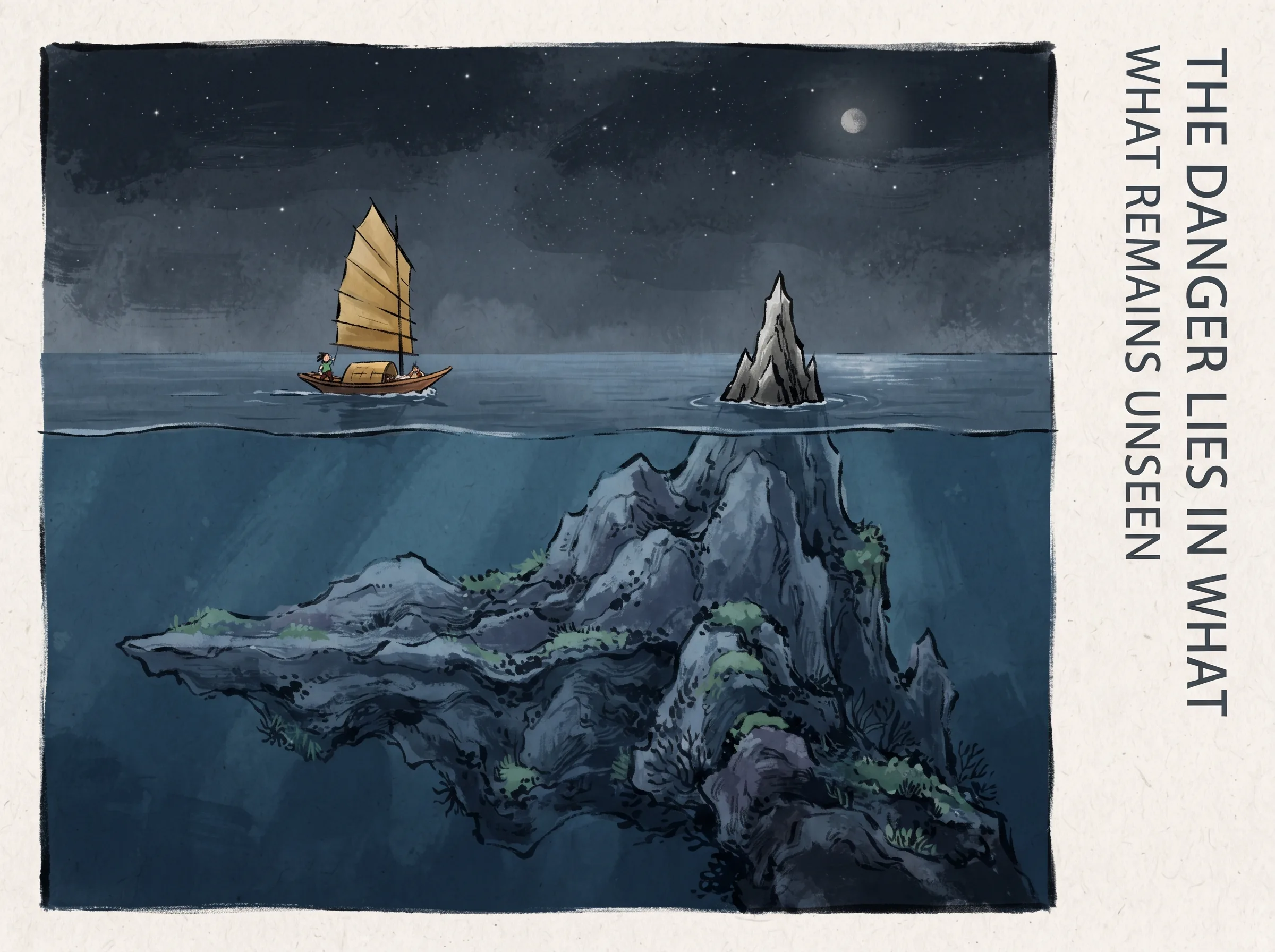 powerful visual metaphor of a tiny sailboat joyfully sailing near a sharp jagged rock tip protruding above calm waters, while beneath the water's surface lurks a massive, sprawling monolithic iceberg in contemporary literati Chinese ink cartoon style with Prussian blue ink wash, sage green accents, and Xuan paper negative space, illustrating the danger lies in what remains unseen, embodying 过度自信的致命幻觉：小船水手仅看到水面上露出的一角漂亮礁石，误以为前方一马平川，不知水下潜藏着万吨暗礁 on ChiDestiny