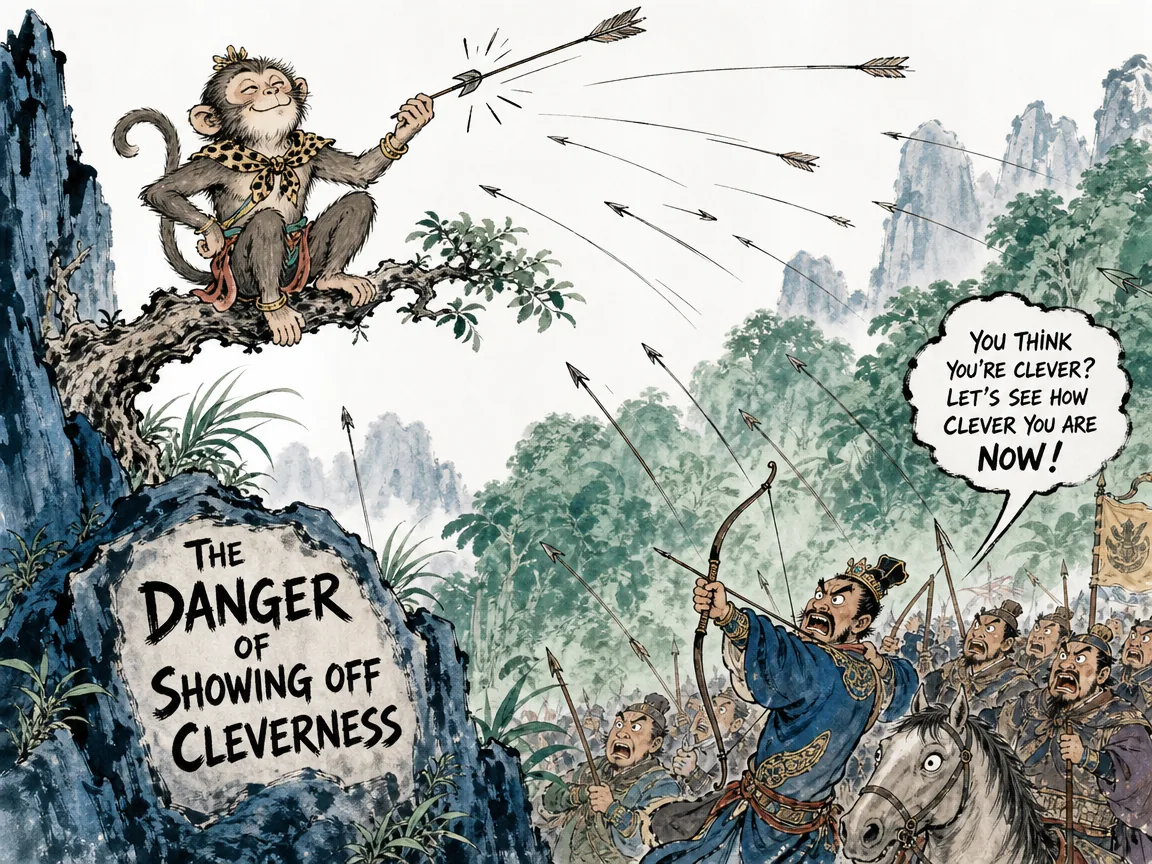 a boastful little monkey perched on a high cliff branch catching a stray arrow with cheeky pride, surrounded by a sudden flurry of arrows from an annoyed royal hunting retinue below, warning against fatal vanity of agile tricks in contemporary literati Chinese ink cartoon style with Prussian blue ink wash, sage green accents, and Xuan paper negative space, illustrating the danger of showing off cleverness, embodying 吴王登猴山，一黠猴自矜敏捷接飞箭夸耀机巧，吴王下令千矢齐发，黠猴中矢堕毙，警示不可自恃小聪明炫技招祸 on ChiDestiny