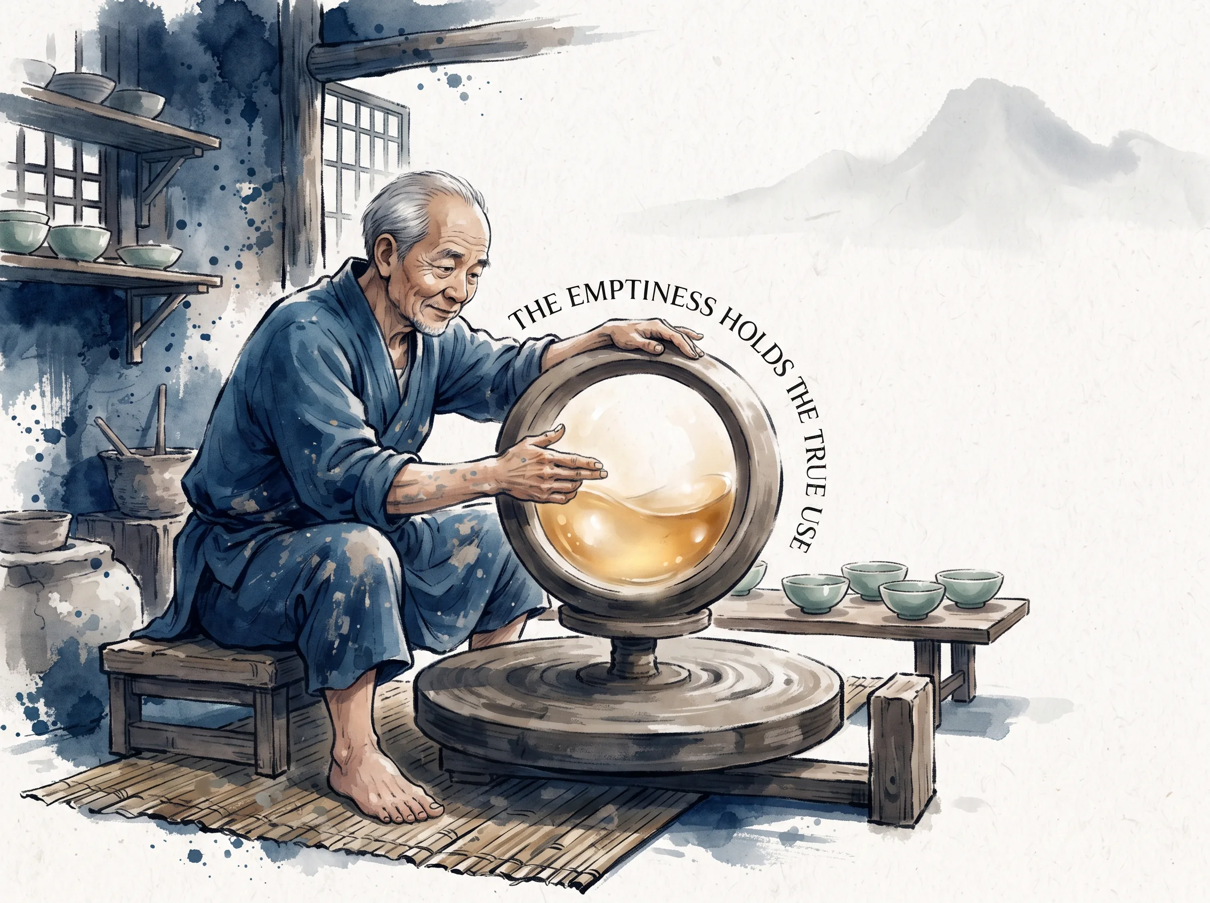 a humble potter forming a clay vessel on a manual wheel, hands gently framing the central hollow void where soft ambient light gathers like liquid tea, deep Prussian blue clay workshop textures and potter smock in contemporary literati Chinese ink wash in deep Prussian blue and sage green with ample Xuan paper negative space, illustrating the emptiness holds the true use, embodying 老子'三十辐共一毂，当其无，有车之用'：陶工旋转拉坯，茶碗中间那片空无一物的虚空，才是能够盛纳甘霖茶汤的真正用处所在 on ChiDestiny