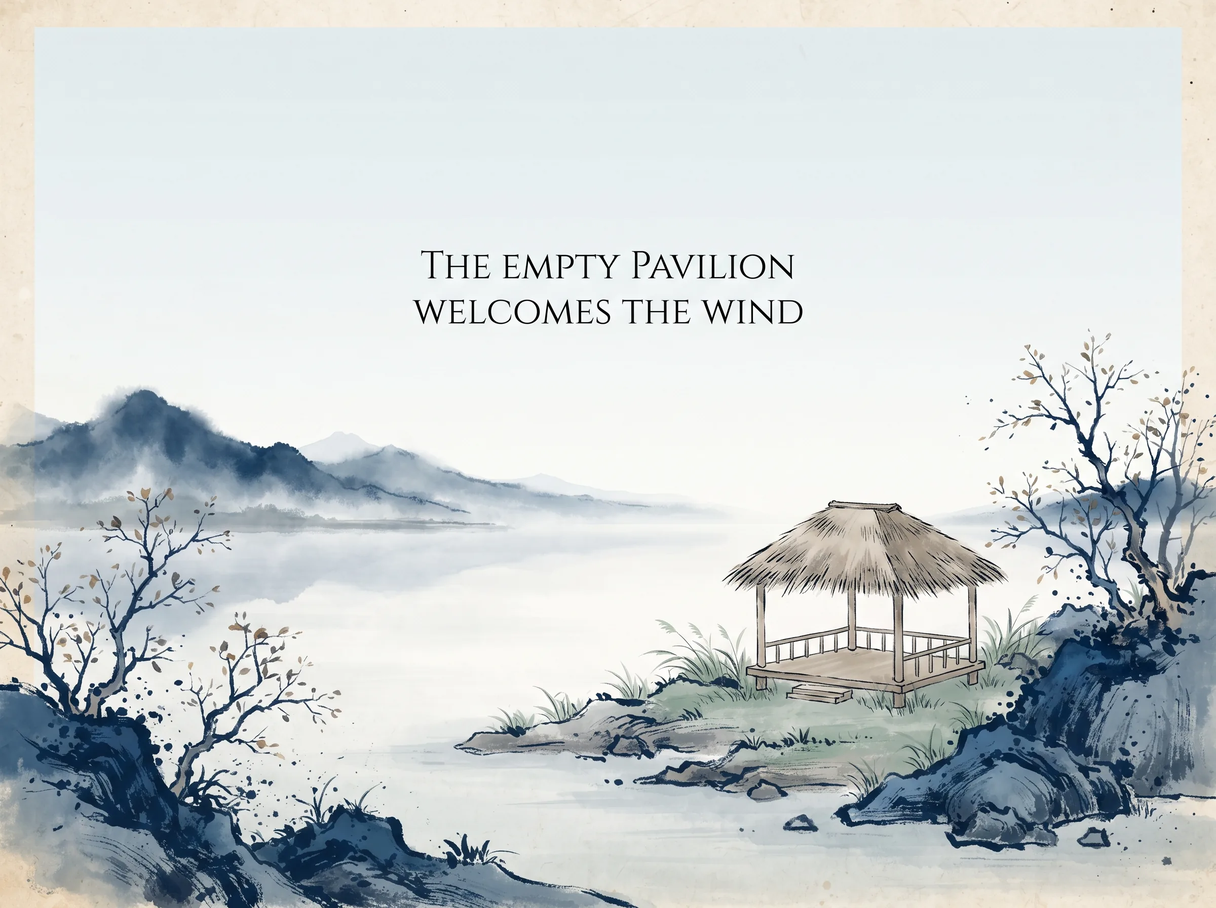 classic Ni Zan compositional structure: wide misty lake waters separating sparse autumn trees, a simple thatched wooden pavilion completely empty standing peacefully on the rocky shoreline, deep Prussian blue dry-brush shoreline and distant mountain washes in contemporary literati Chinese ink wash in deep Prussian blue and sage green with ample Xuan paper negative space, illustrating the empty pavilion welcomes the wind, embodying 倪瓒山水中的'空亭'：水寒江阔，远山如黛，水畔孤立一座无人的四角茅亭，空无一人却并非荒凉，而是为天地万物与过客留出的无言尊严 on ChiDestiny