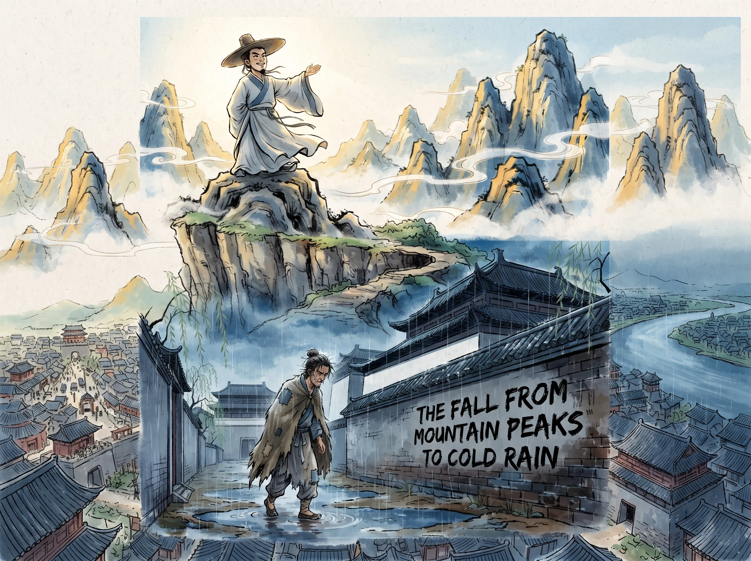 a poignant split reflection: the idealistic young Du Fu boldly proclaiming from the sunlit peak of Mount Tai, paired below with the weary middle-aged poet walking in patched hemp shoes along muddy alleyways outside grand palace mansions in the cold rain, Prussian blue turbulent clouds in contemporary literati Chinese ink wash in deep Prussian blue and sage green with ample Xuan paper negative space, illustrating the fall from mountain peaks to cold rain, embodying 青年杜甫登泰山'会当凌绝顶，一览众山小'，而中年后科举不第困顿长安十年，褴褛布衣在朱门豪车与秋雨泥泞中艰难前行 on ChiDestiny