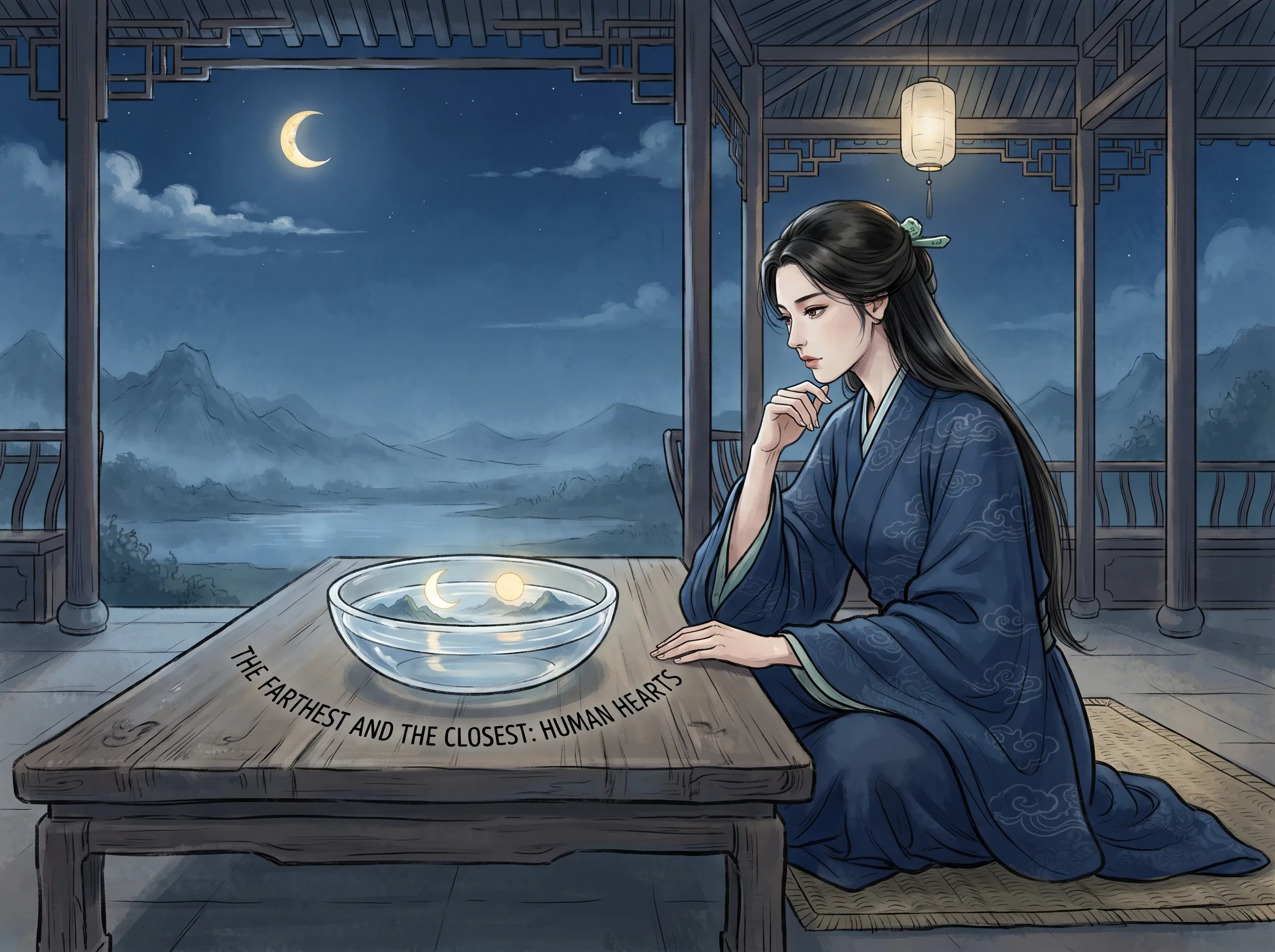 a brilliant Daoist priestess-poet Li Ye seated at an open pavilion table, looking into a clear water bowl where the sun, moon in contemporary literati Chinese ink wash in deep Prussian blue and sage green with ample Xuan paper negative space, illustrating the farthest and the closest: human hearts, embodying '至近至远东西，至深至浅清溪。至高至明日月，至亲至疏夫妻'：女道士李冶在镜台前拨琴，以无比透彻的慧眼洞穿世间最幽微的情感距离 on ChiDestiny