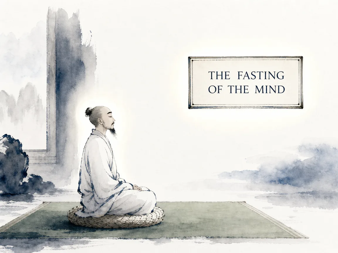 an austere disciple meditating deeply on a simple woven grass cushion, listening not with ears or intellect but with pure luminous spirit, an empty chamber radiating pure internal light and calm in contemporary literati Chinese ink cartoon style with Prussian blue ink wash, sage green accents, and Xuan paper negative space, illustrating the fasting of the mind, embodying 颜回向孔子请教'心斋'之法，闭目凝神于蒲团，虚室生白，神听止于符，胸中万虑荡涤一空 on ChiDestiny