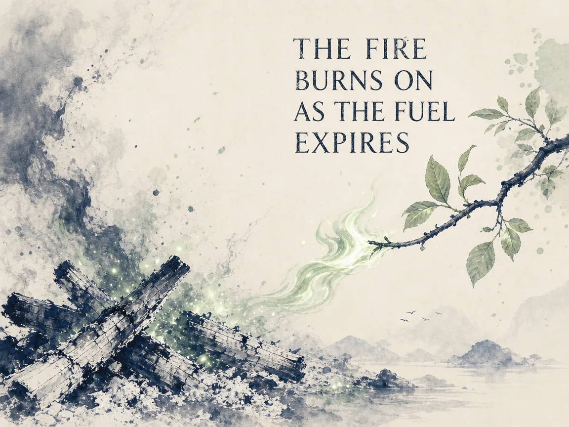 philosophical imagery of passing flame, dry firewood logs burning down to white ash while a vibrant lively flame gracefully leaps to kindle a new fresh branch, symbolizing eternal spirit beyond mortal flesh in contemporary literati Chinese ink cartoon style with Prussian blue ink wash, sage green accents, and Xuan paper negative space, illustrating the fire burns on as the fuel expires, embodying 柴木渐渐燃尽化作灰烬，但一簇温暖灵动的火苗在微风中轻盈跃向另一根新枝，寓意薪尽火传生生不息 on ChiDestiny