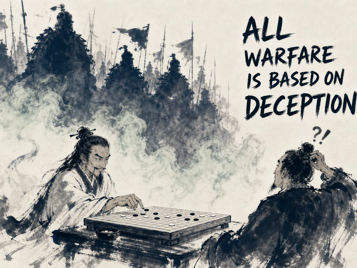 an ancient sage in flowing robes quietly weighing delicate balance scales over an austere desk, five glowing inscribed bamboo slips representing Dao, Heaven in contemporary literati Chinese ink cartoon style with Prussian blue ink wash, sage green accents, and Xuan paper negative space, illustrating the five cardinal factors, embodying 战略家在清雅草堂中手执竹简，案头天平权衡'道/天/地/将/法'五大基石，透视天时地利与人心向背 on ChiDestiny