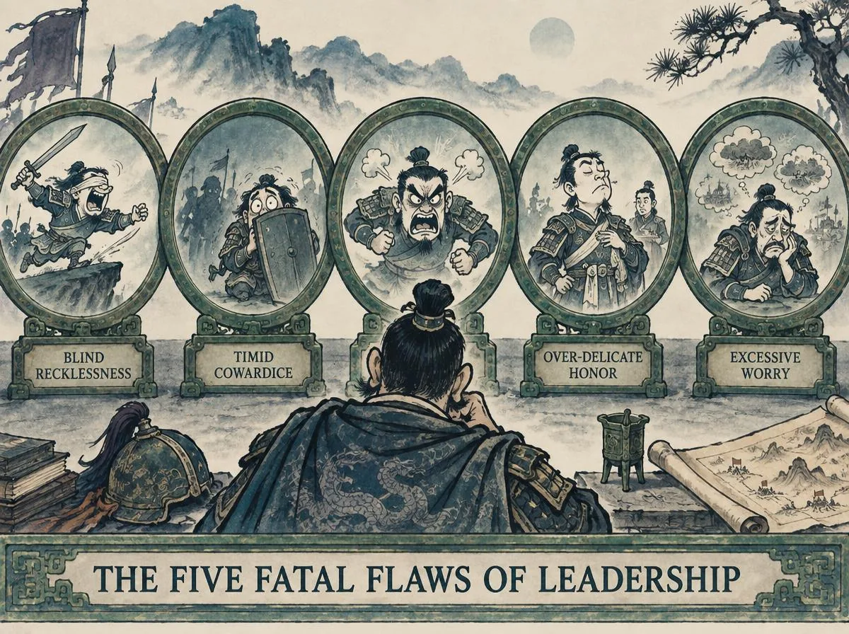 five witty cartoon reflections in miniature bronze mirrors depicting the fatal vices of a general: blind recklessness, timid cowardice, quick temper in contemporary literati Chinese ink cartoon style with Prussian blue ink wash, sage green accents, and Xuan paper negative space, illustrating the five fatal flaws of leadership, embodying 五面性格放大镜照出将领的极端毛病：暴躁拔剑、过分贪生、易怒上当、洁癖受辱、盲目护短，寓意克制中庸之至美 on ChiDestiny