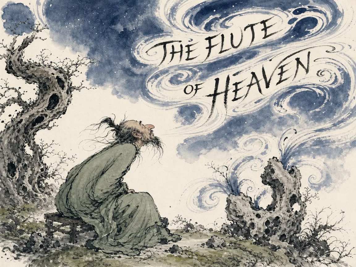an eccentric hermit leaning forward on a low stool gazing into the vast sky, having emptied his ego completely, surrounded by swirling whimsical wind whistling through hollows of ancient trees and rocks in contemporary literati Chinese ink cartoon style with Prussian blue ink wash, sage green accents, and Xuan paper negative space, illustrating the flute of heaven, embodying 南郭子綦凭几仰天长嘘，形如槁木、心若死灰，天地大块的万种天籁窍穴之声在周围清风中回荡 on ChiDestiny